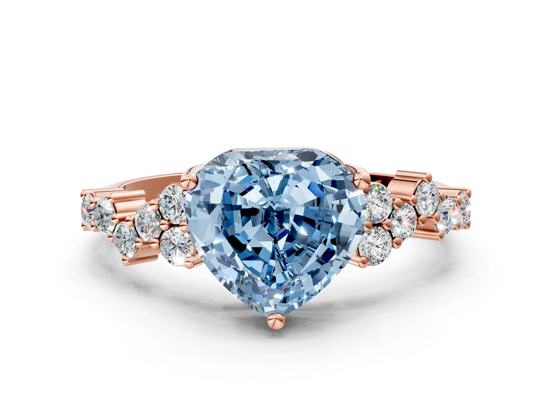 Rose gold Fancy Blue Heart Cut Diamond Scattered Round Accent Ring with Prong Setting_12