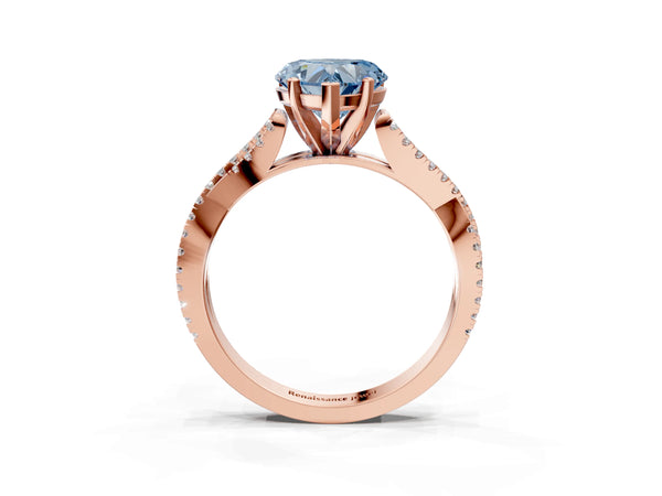 Rose gold Fancy Blue Heart Cut Diamond Solitaire Engagement Ring with Twisted Pavé Band and Four-Prong Setting