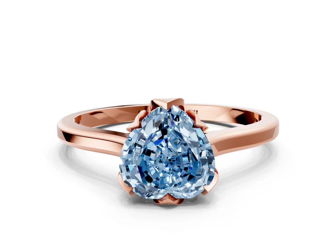Rose gold Fancy Blue Heart Cut Diamond Solitaire Ring with Flower Prong Setting and Classic Band_69