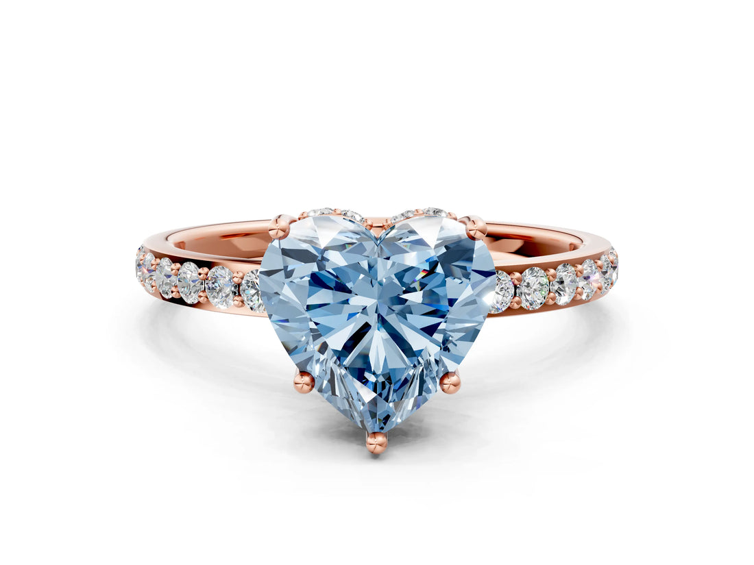 Rose gold Fancy Blue Heart Cut Diamond Solitaire Ring with Pavé Band and Hidden Halo_91