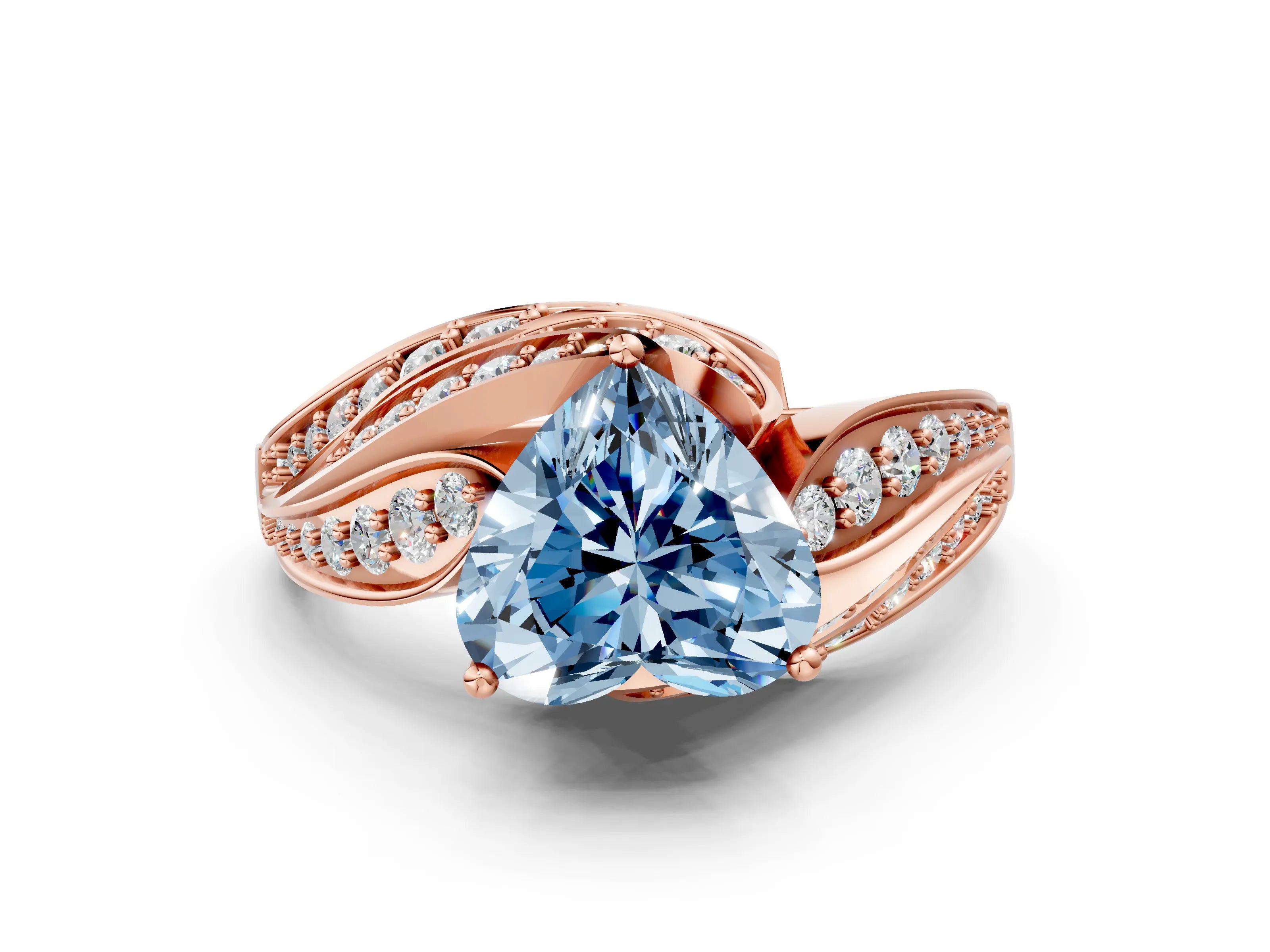 Rose gold Fancy Blue Heart Cut Diamond Solitaire Ring with Prong Setting and Twisted Pavé Band