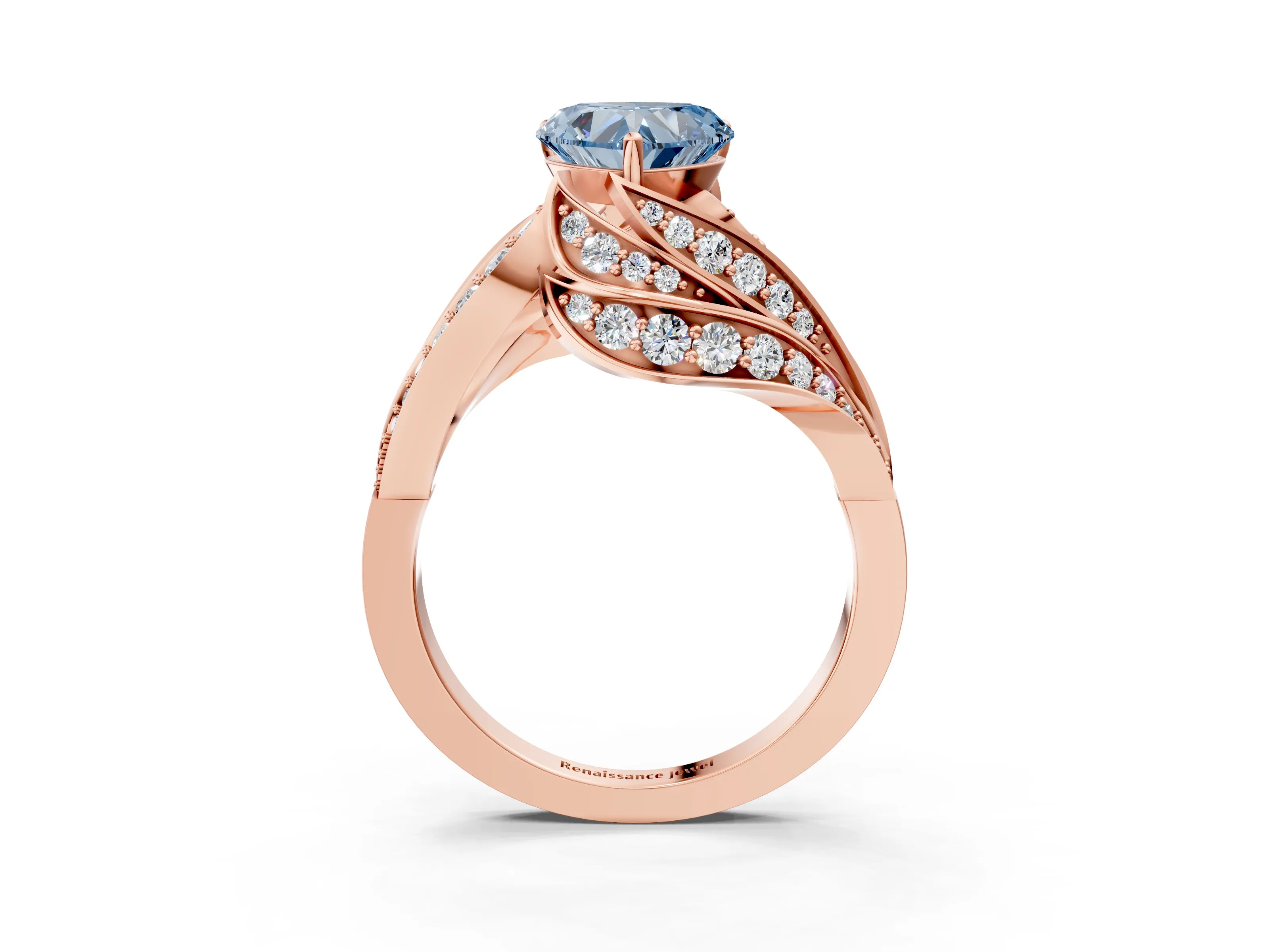 Rose gold Fancy Blue Heart Cut Diamond Solitaire Ring with Prong Setting and Twisted Pavé Band_3