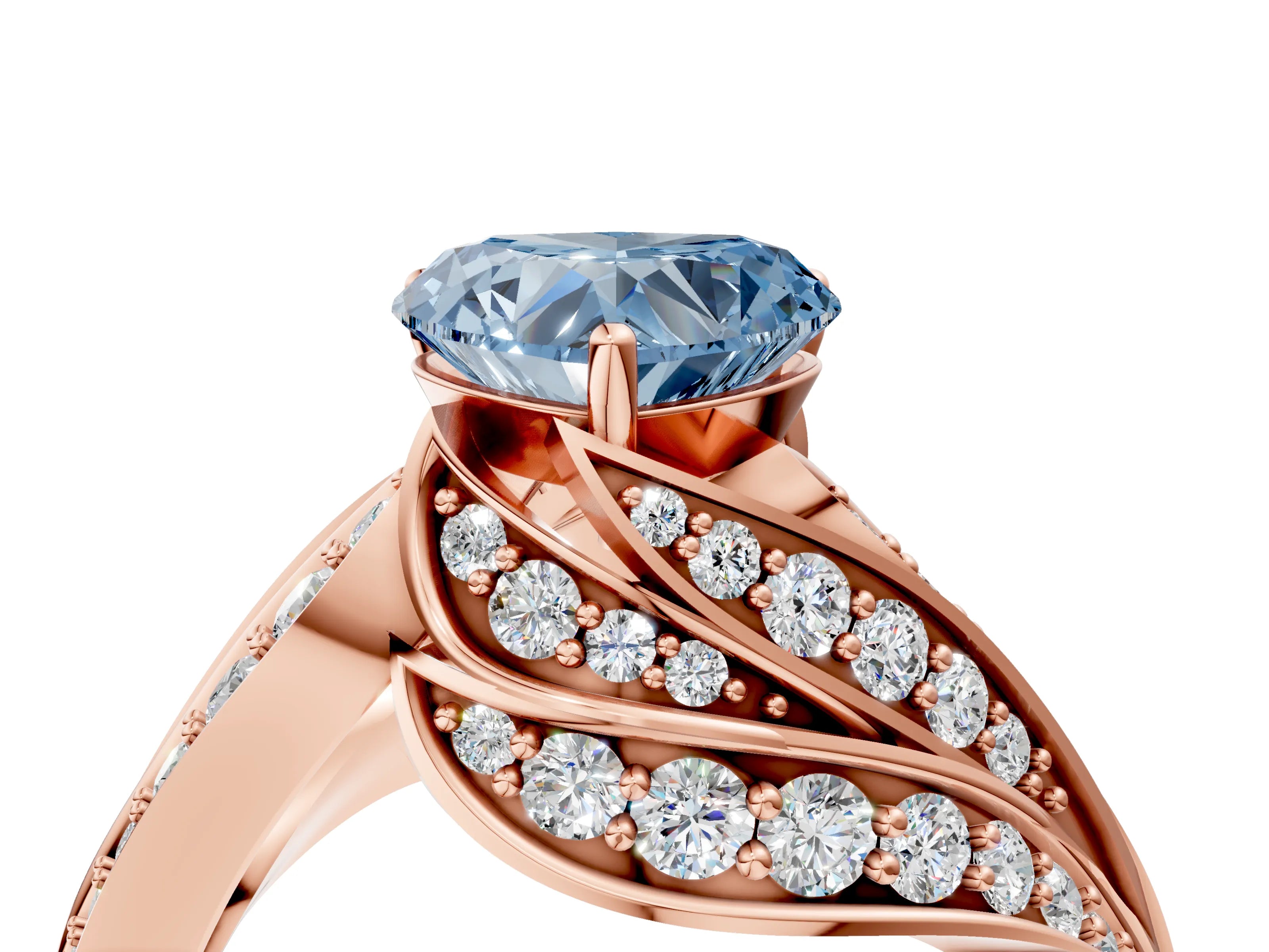 Rose gold Fancy Blue Heart Cut Diamond Solitaire Ring with Prong Setting and Twisted Pavé Band_4