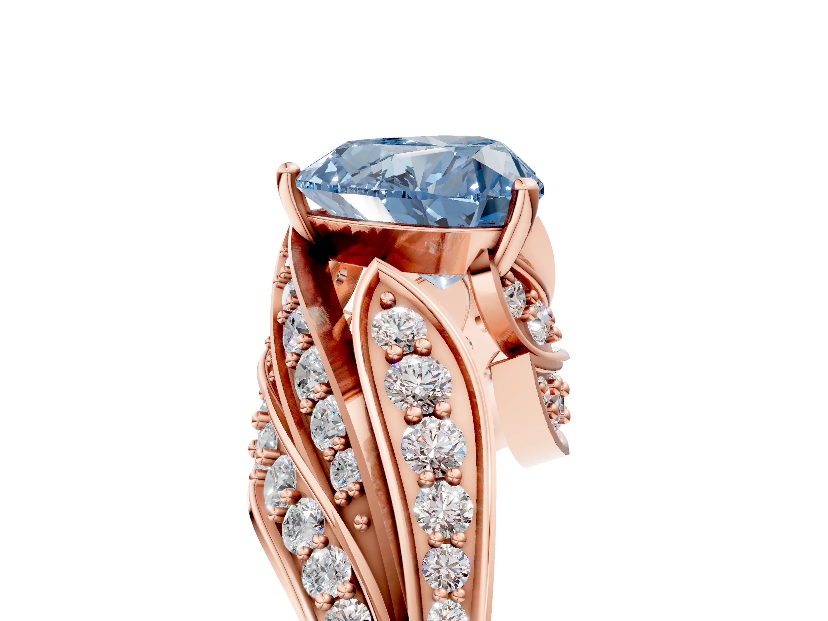Rose gold Fancy Blue Heart Cut Diamond Solitaire Ring with Prong Setting and Twisted Pavé Band_5