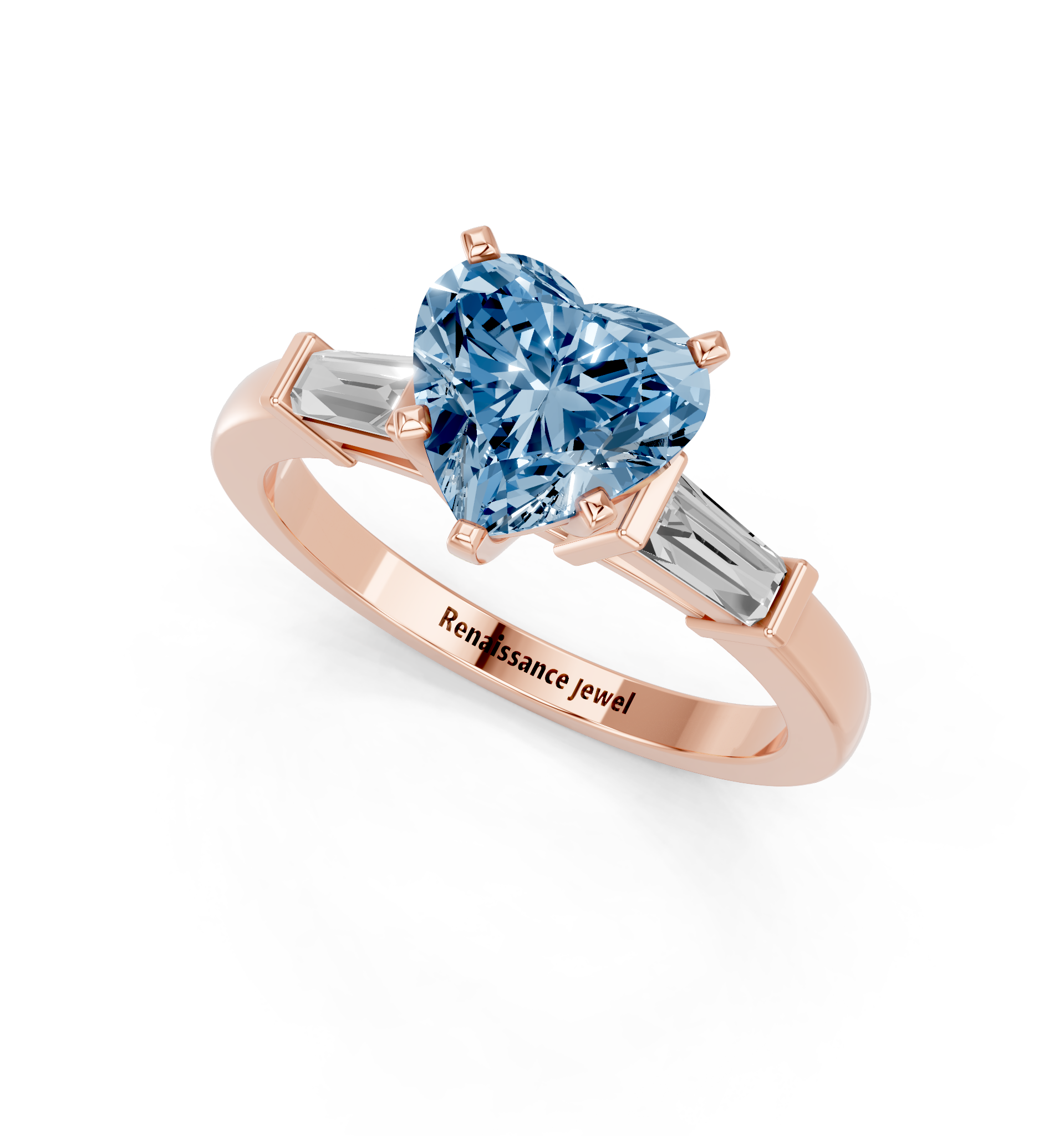 Rose gold Fancy Blue Heart  Cut Diamond Solitaire Ring with Tapered Baguette Accents and Four-Prong Setting_2