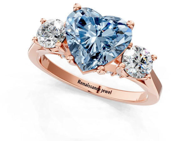 Rose gold Fancy Blue Heart Cut Diamond Three-Stone Engagement Ring with Prong Setting and Pavé Band