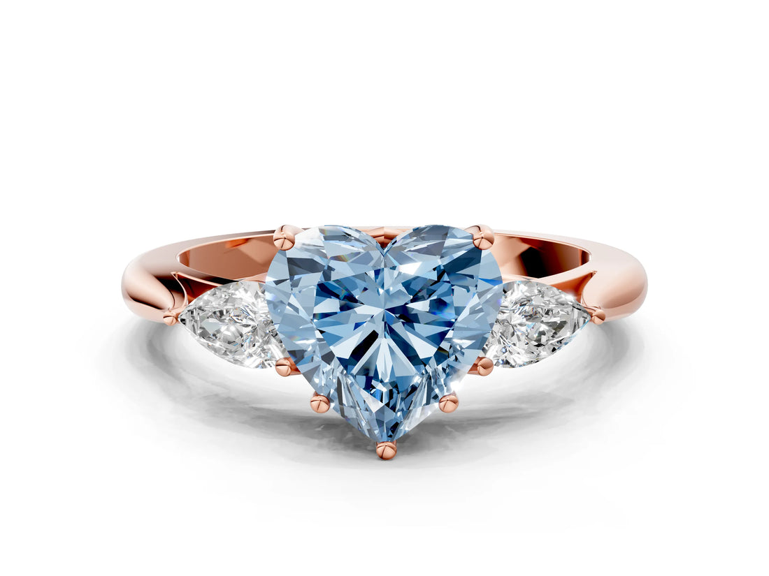 Rose gold Fancy Blue Heart Cut Diamond Three-Stone Ring with Pear Side Stones and Four-Prong Setting_59