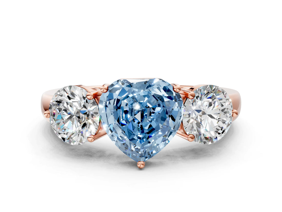 Rose gold Fancy Blue Heart Cut Diamond Three-Stone Ring with Prong Setting and Classic Band_125