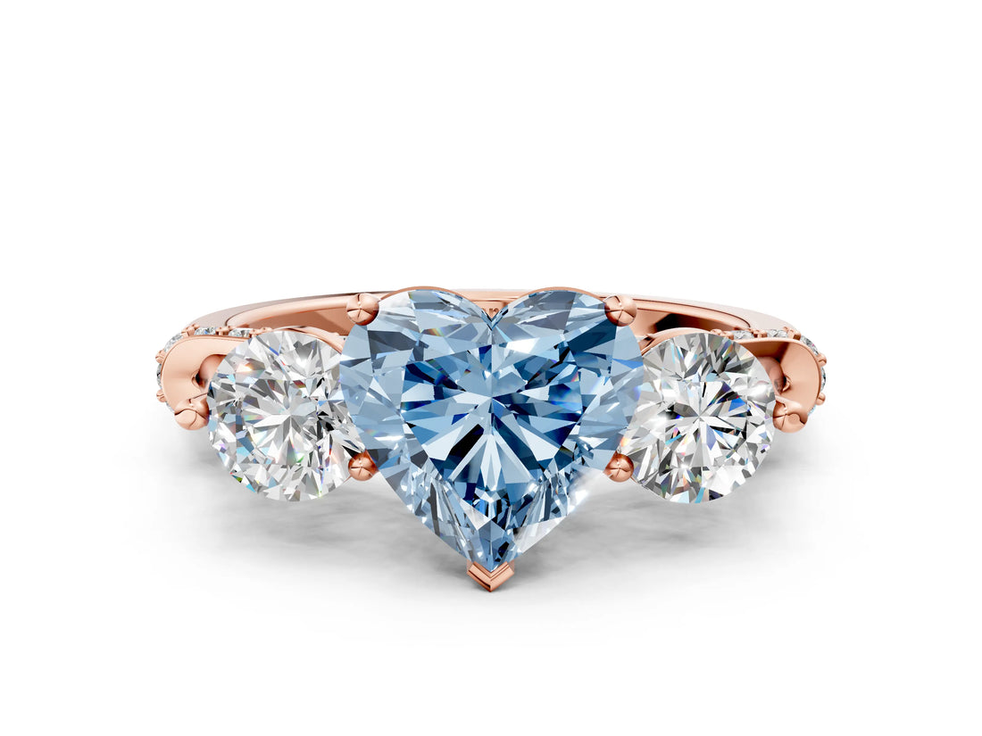 Rose gold Fancy Blue Heart Cut Diamond Three-Stone Ring with Prong Setting and Pavé Band