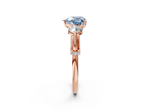 Rose gold Fancy Blue Heart Cut Diamond Three-Stone Ring with Prong Setting and Pavé Band