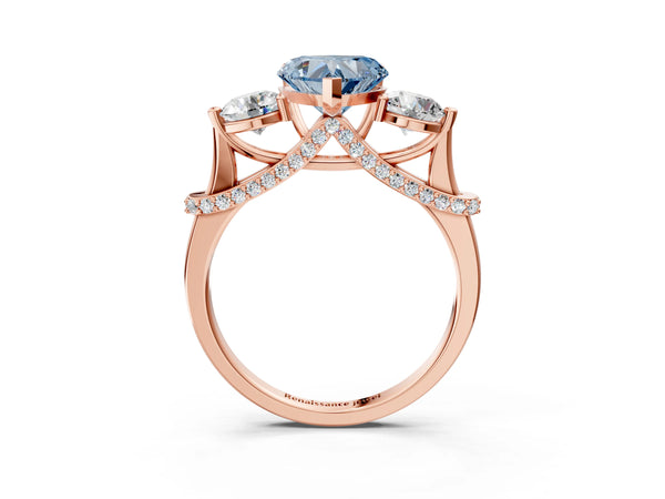 Rose gold Fancy Blue Heart Cut Diamond Three-Stone Ring with Prong Setting and Pavé Band