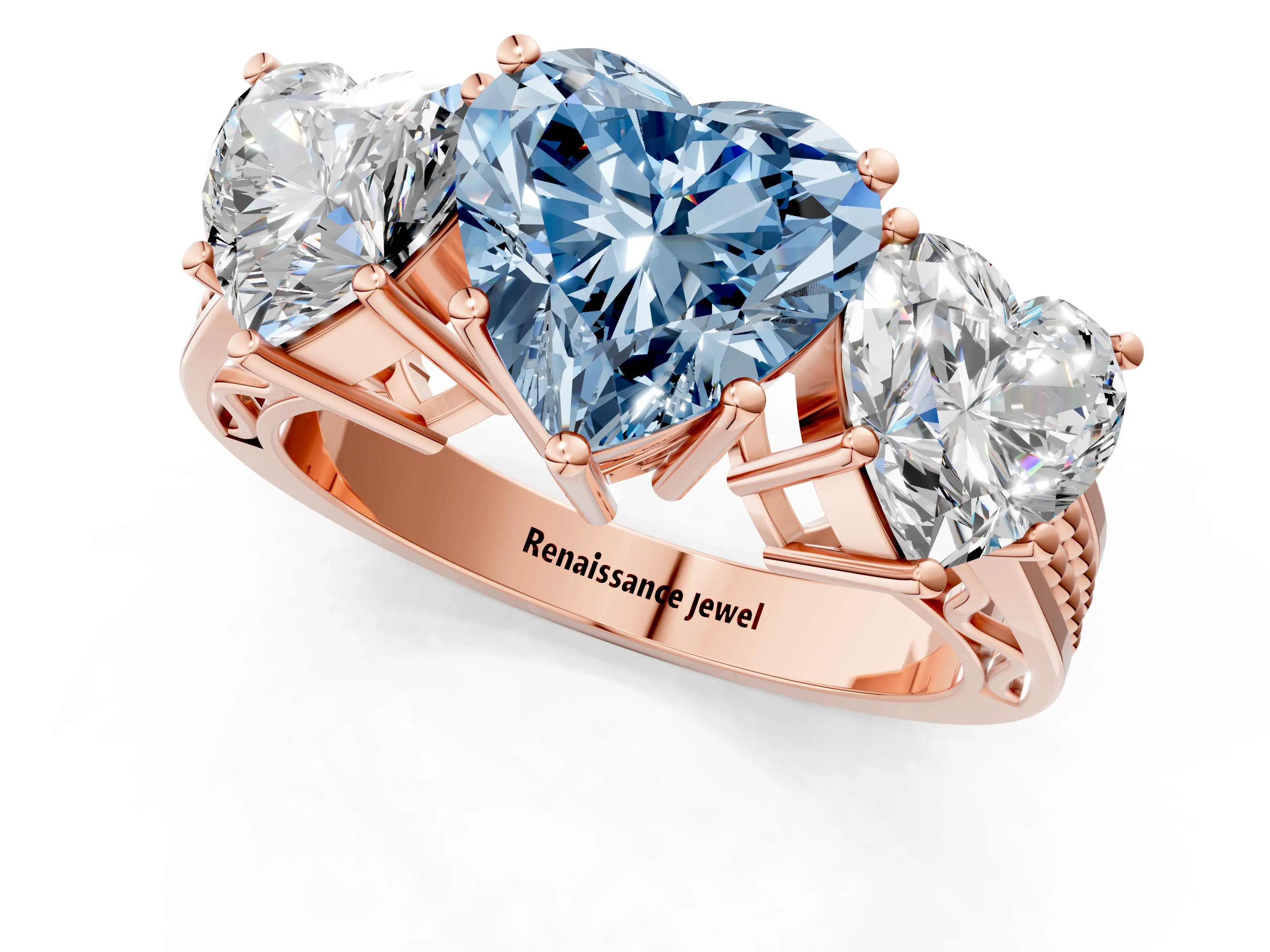 Rose gold Fancy Blue Heart Cut Diamond Three-Stone Ring with Prong Setting and Textured Band_1