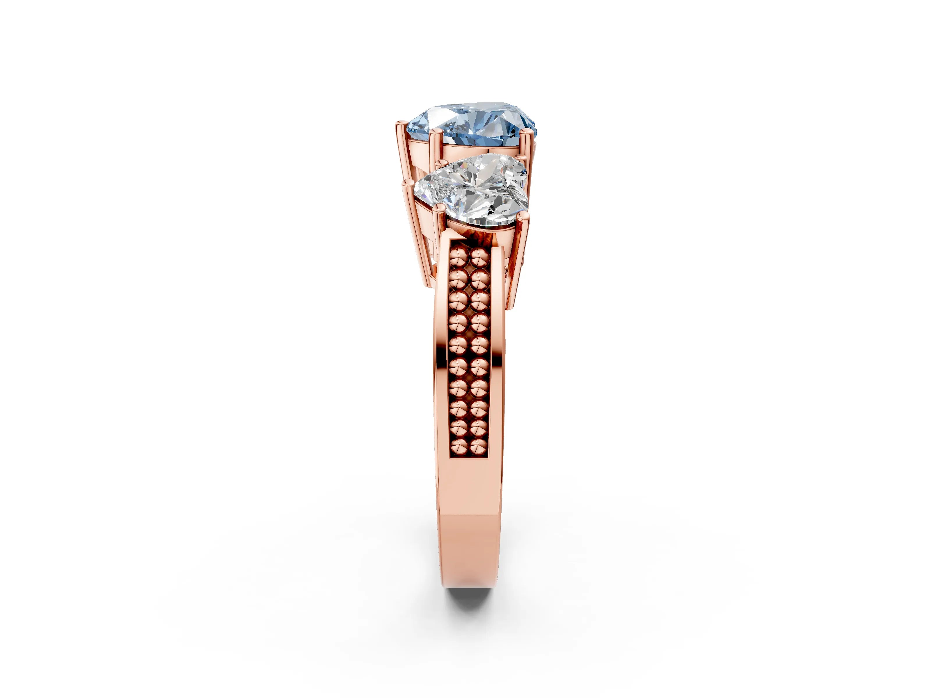 Rose gold Fancy Blue Heart Cut Diamond Three-Stone Ring with Prong Setting and Textured Band_2
