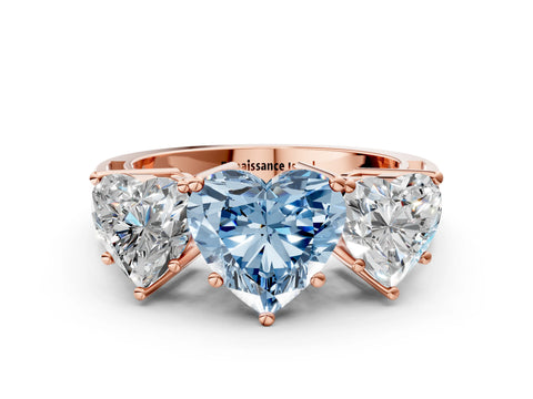 Rose gold Fancy Blue Heart Cut Diamond Three-Stone Ring with Prong Setting and Textured Band