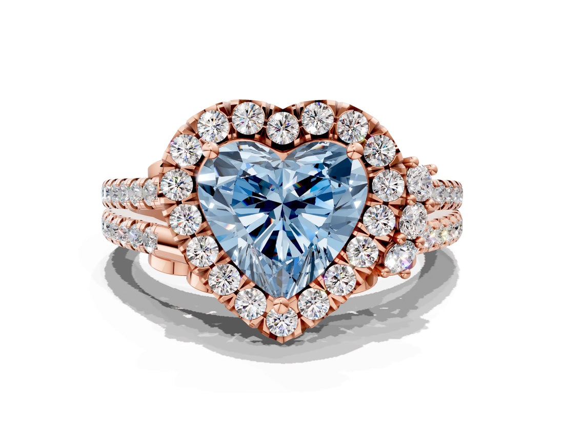 Rose gold Fancy Blue Heart  Cut Double Halo Diamond Engagement Ring with Pave Band and Four-Prong Setting_25