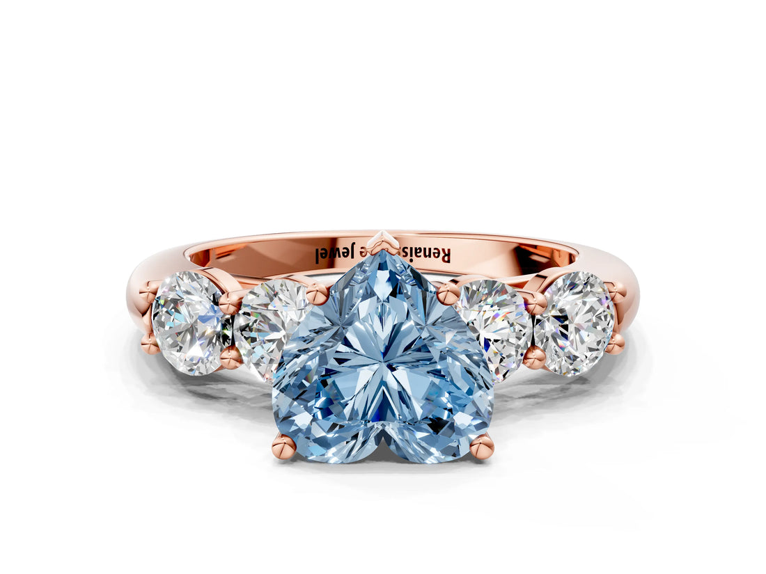 Rose gold Fancy Blue Heart  Cut Five-Stone Prong Set Diamond Ring with Classic Band_54
