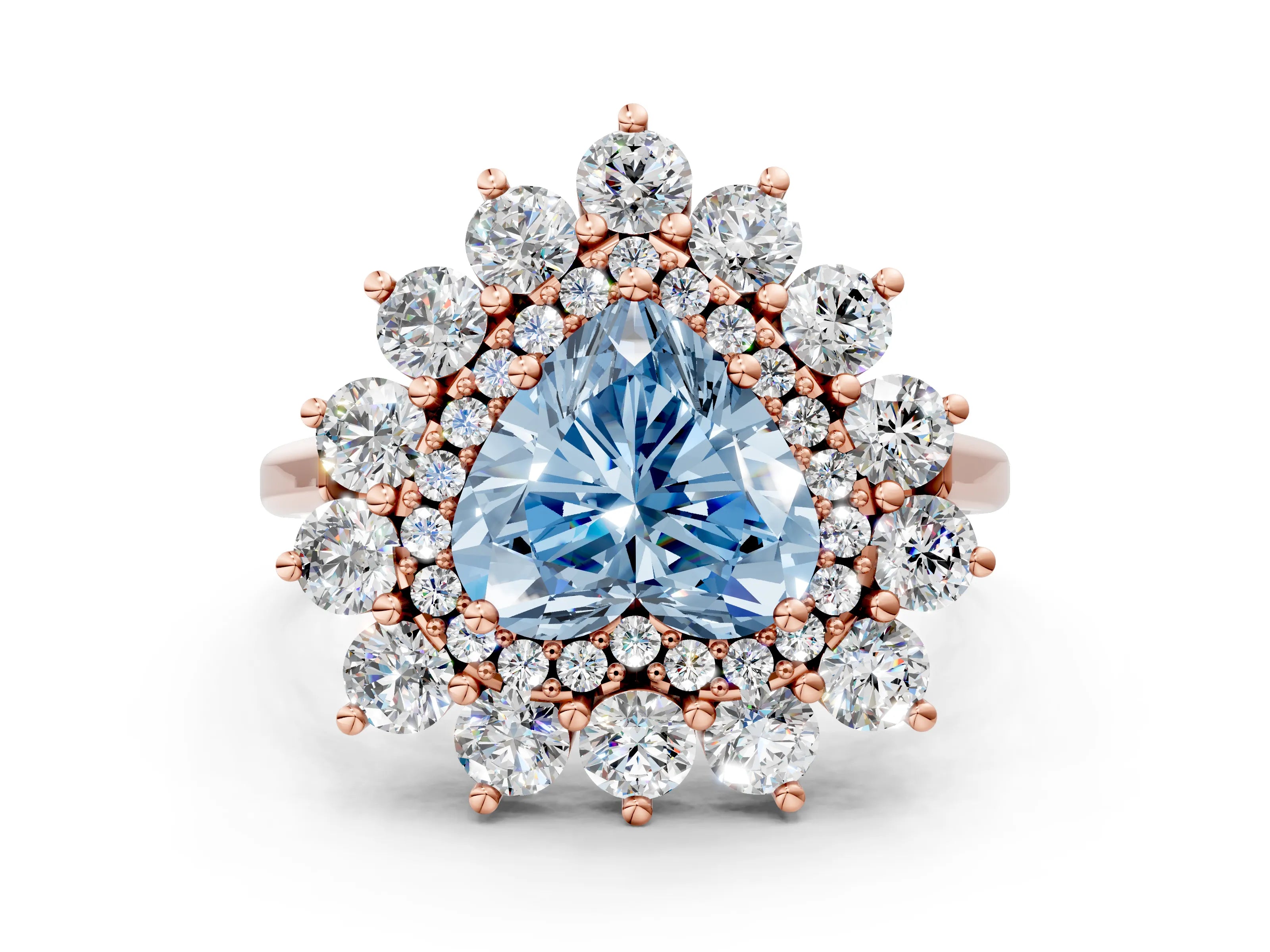 Rose gold Fancy Blue Heart Cut Halo Cluster Diamond Ring with Pave Band and Four-Prong Setting_12