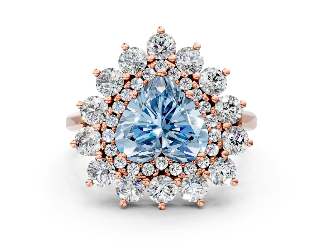 Rose gold Fancy Blue Heart Cut Halo Cluster Diamond Ring with Pave Band and Four-Prong Setting_12