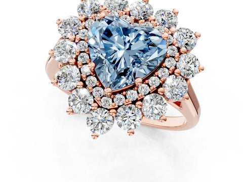 Rose gold Fancy Blue Heart Cut Halo Cluster Diamond Ring with Pave Band and Four-Prong Setting_13