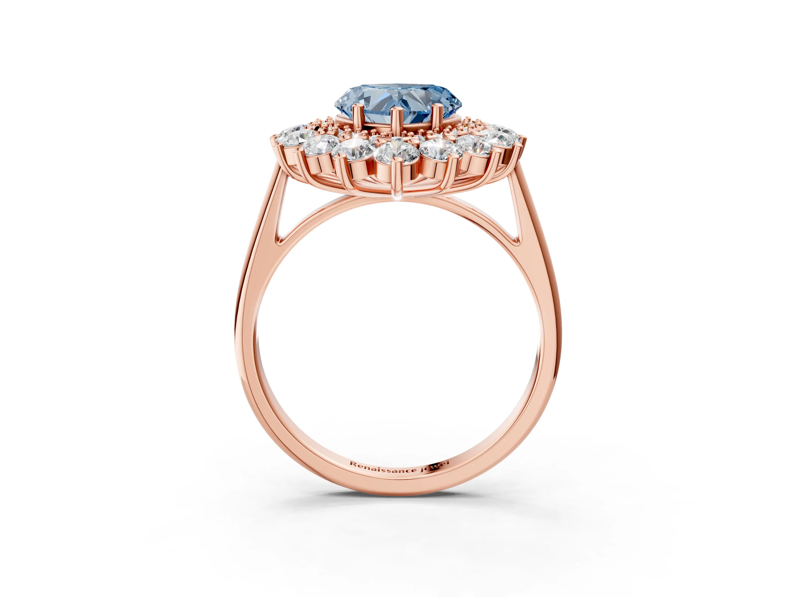 Rose gold Fancy Blue Heart Cut Halo Cluster Diamond Ring with Pave Band and Four-Prong Setting_15