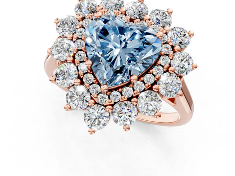 Rose gold Fancy Blue Heart Cut Halo Cluster Diamond Ring with Pave Band and Four-Prong Setting_1