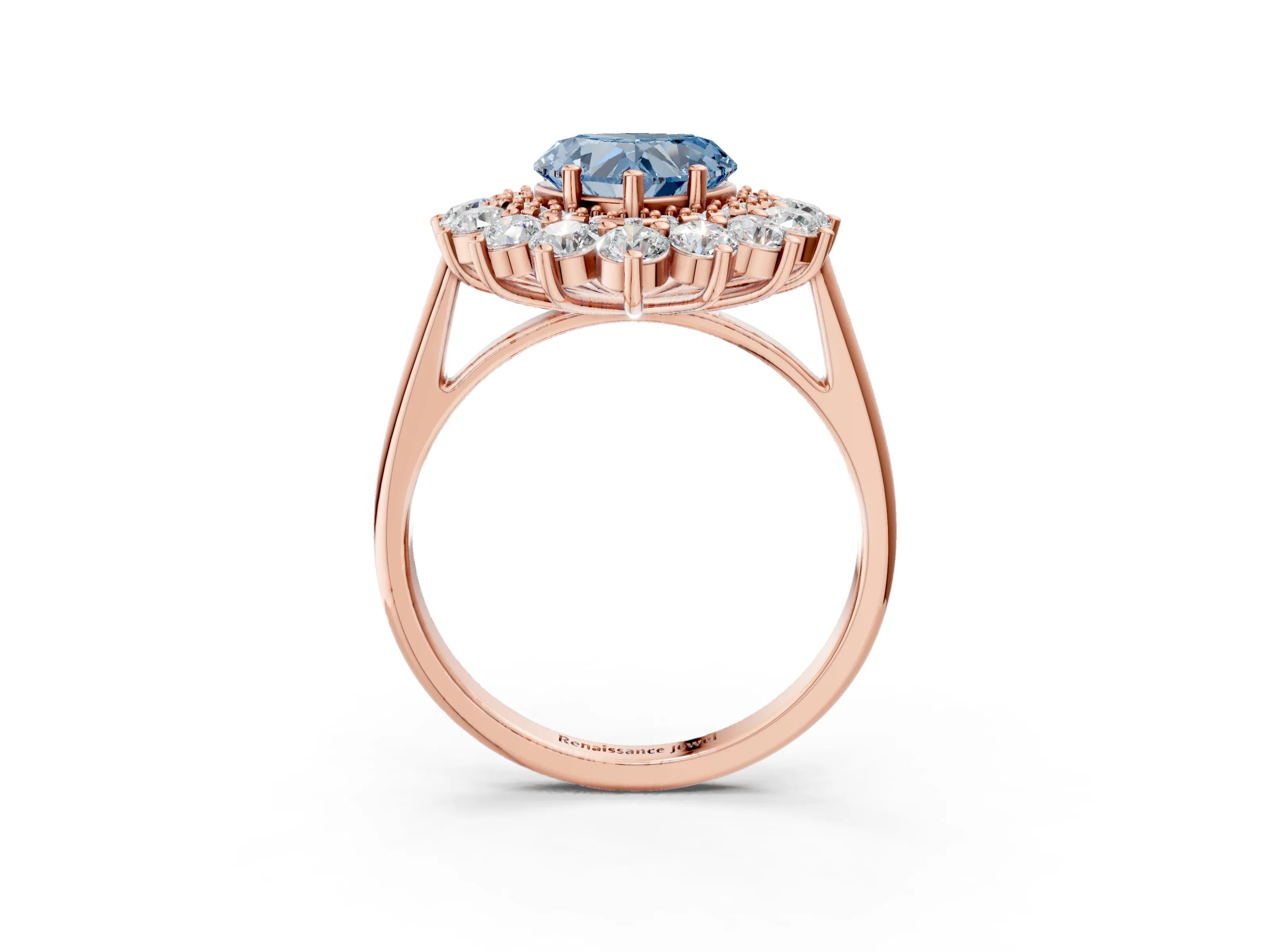 Rose gold Fancy Blue Heart Cut Halo Cluster Diamond Ring with Pave Band and Four-Prong Setting_3
