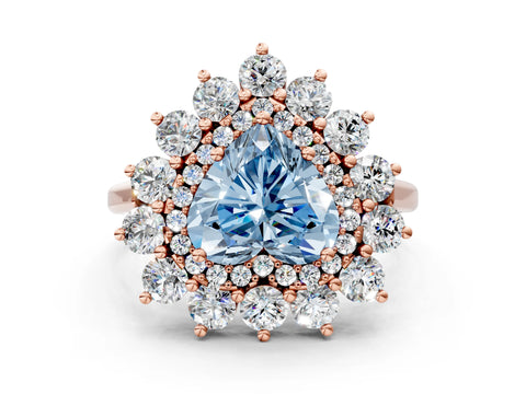 Rose gold Fancy Blue Heart Cut Halo Cluster Diamond Ring with Pave Band and Four-Prong Setting