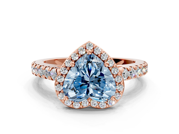 Rose gold Fancy Blue Heart  Cut Halo Diamond Engagement Ring with Pave Band and Four-Prong Setting