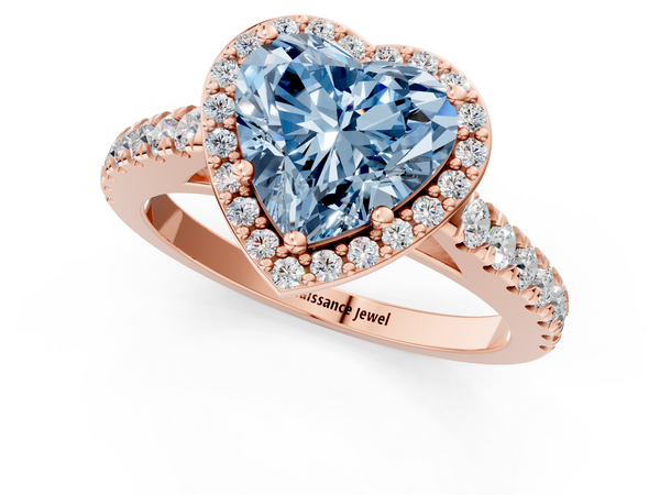 Rose gold Fancy Blue Heart  Cut Halo Diamond Engagement Ring with Pave Band and Four-Prong Setting