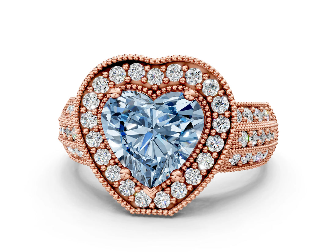 Rose gold Fancy Blue Heart Cut Halo Diamond Engagement Ring with Pave Split Shank and Four-Prong Setting
