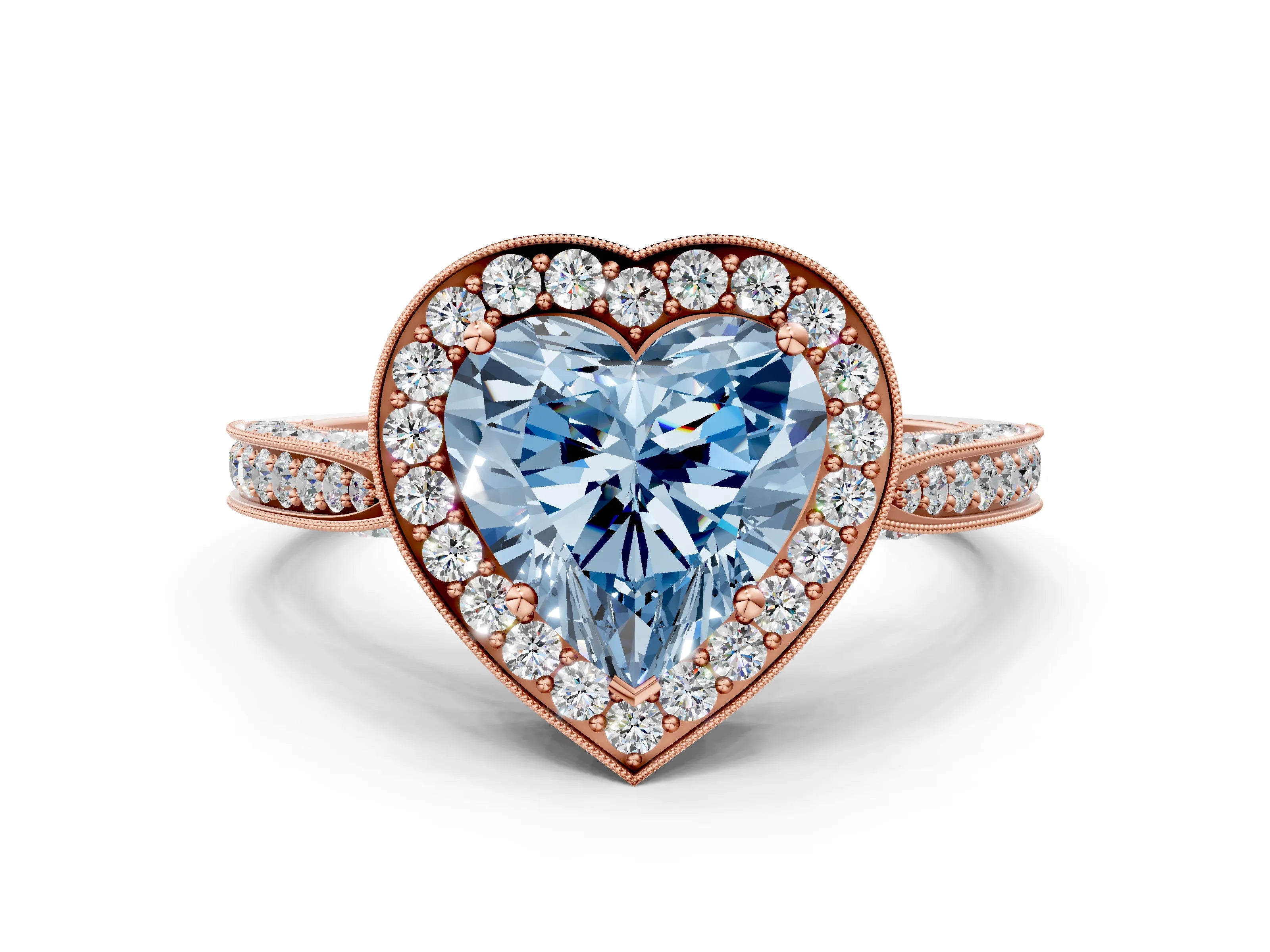 Rose gold Fancy Blue Heart Cut Halo Diamond Engagement Ring with Split Shank Band and Four-Prong Setting