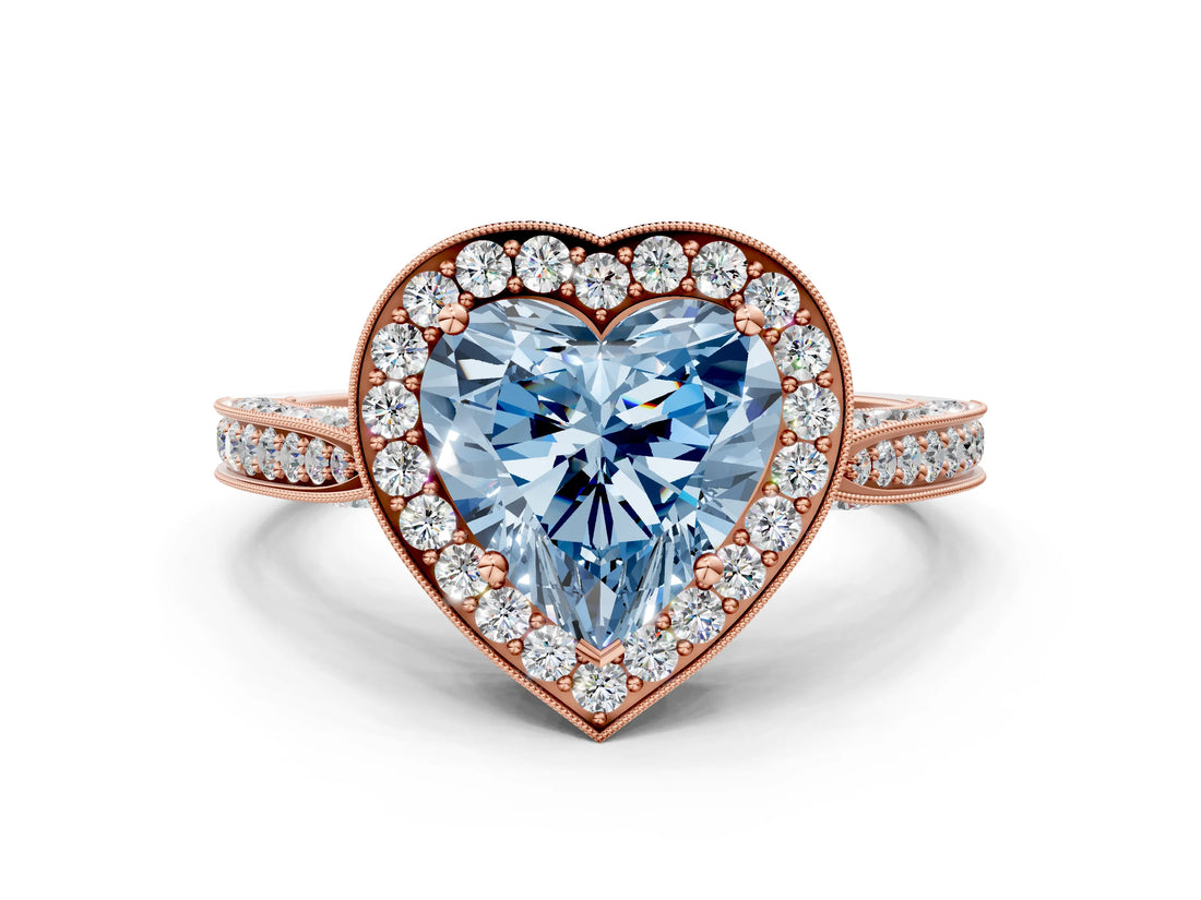 Rose gold Fancy Blue Heart Cut Halo Diamond Engagement Ring with Split Shank Band and Four-Prong Setting