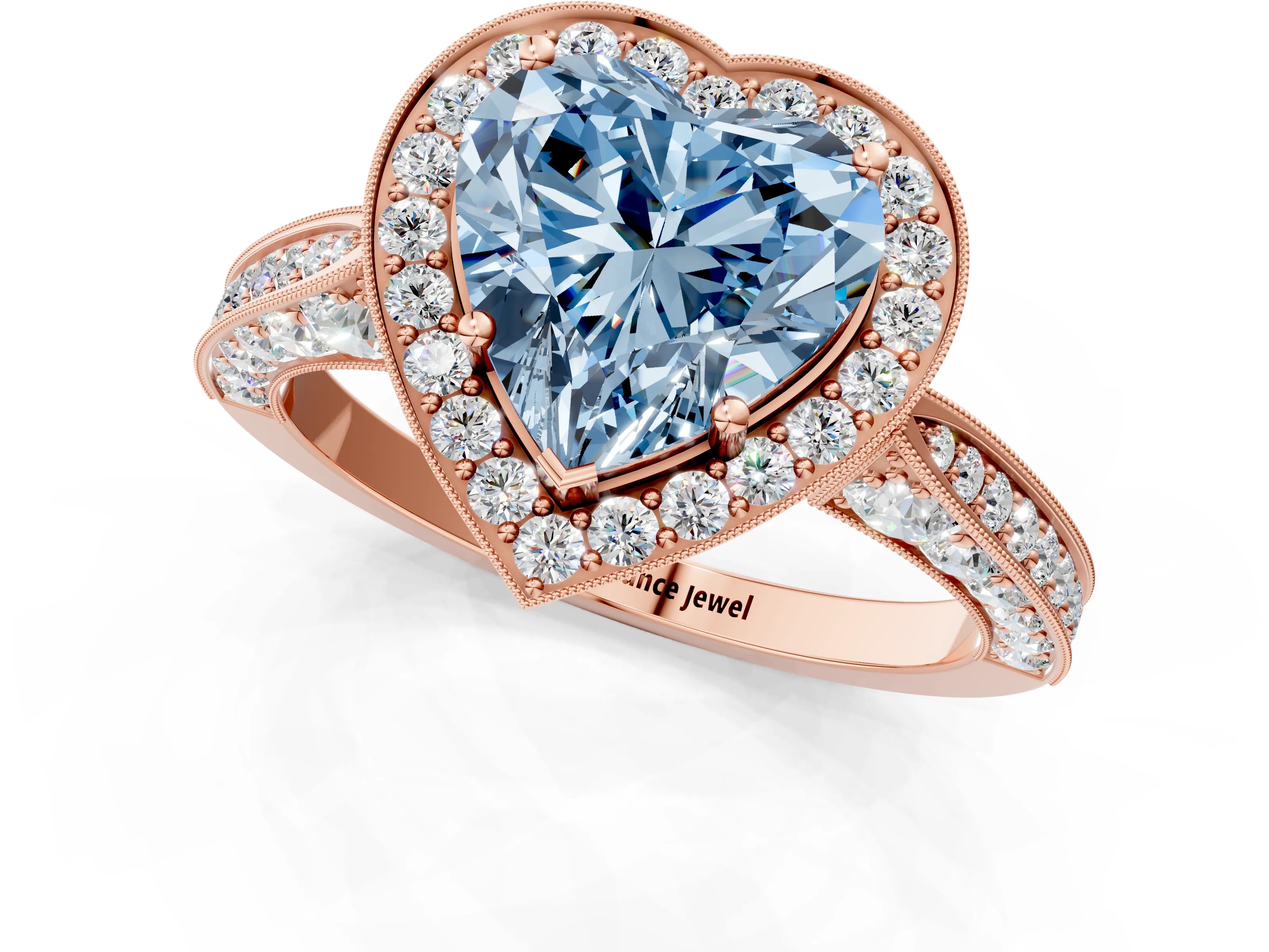 Rose gold Fancy Blue Heart Cut Halo Diamond Engagement Ring with Split Shank Band and Four-Prong Setting_1