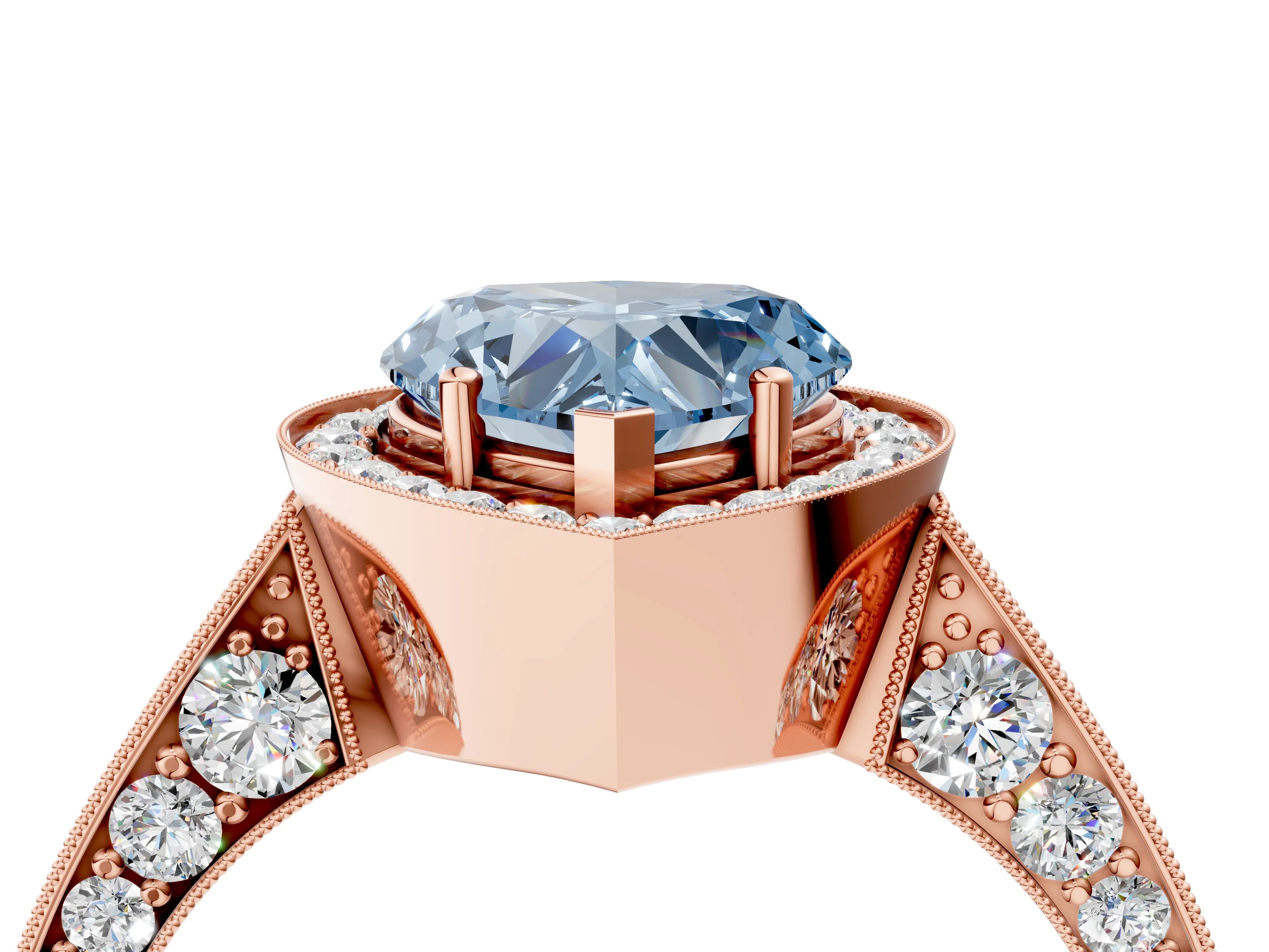 Rose gold Fancy Blue Heart Cut Halo Diamond Engagement Ring with Split Shank Band and Four-Prong Setting_4