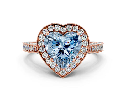 Rose gold Fancy Blue Heart Cut Halo Diamond Engagement Ring with Split Shank Band and Four-Prong Setting