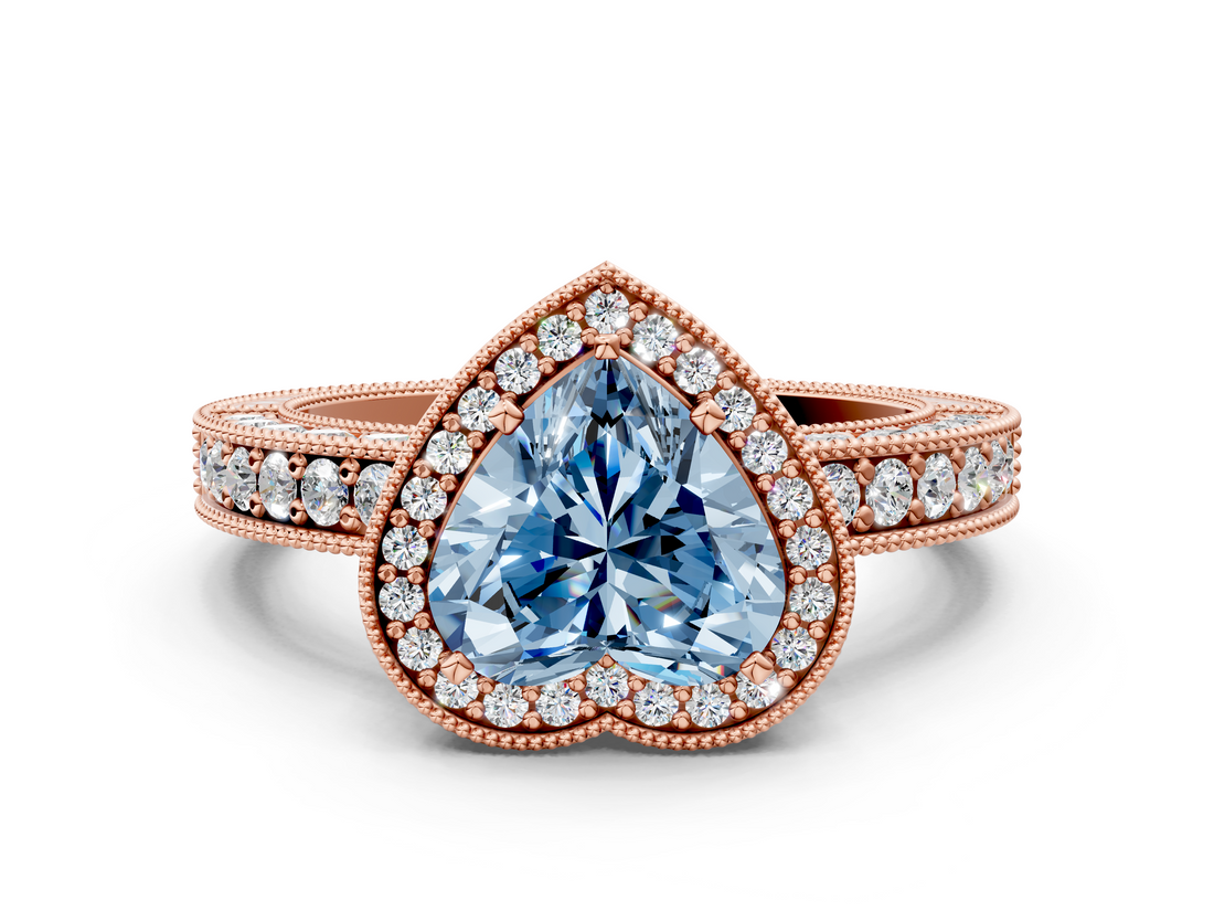 Rose gold Fancy Blue Heart  Cut Halo Diamond Pave Band Ring with Four-Prong Setting_45