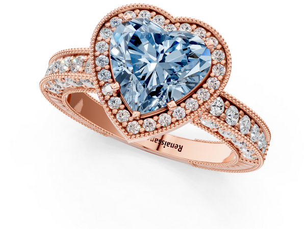 Rose gold Fancy Blue Heart  Cut Halo Diamond Pave Band Ring with Four-Prong Setting