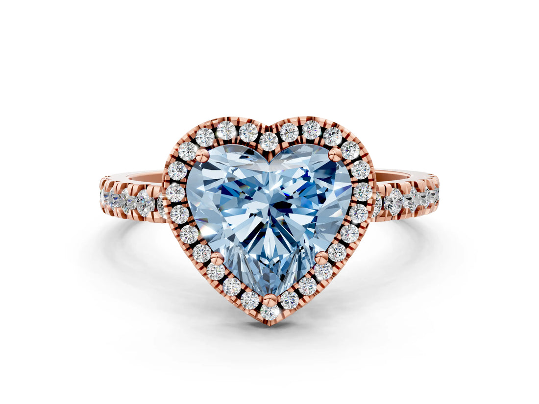 Rose gold Fancy Blue Heart Cut Halo Diamond Pave Band with Prong Setting