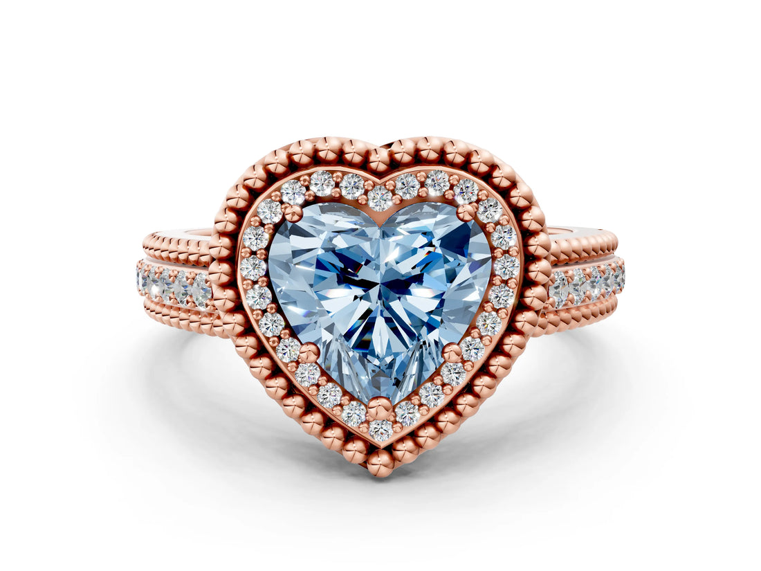 Rose gold Fancy Blue Heart Cut Halo Diamond Ring with Beaded Split Shank and Four-Prong Setting