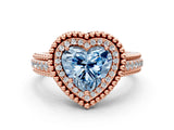 Rose gold Fancy Blue Heart Cut Halo Diamond Ring with Beaded Split Shank and Four-Prong Setting