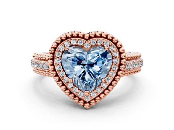 Rose Gold Heart-Shaped Beaded Halo Engagement Ring Setting for Fancy Blue Center with Pave