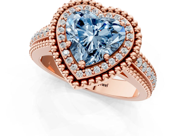 Rose Gold Heart-Shaped Beaded Halo Engagement Ring Setting for Fancy Blue Center with Pave