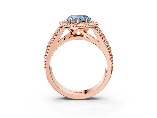 Rose Gold Heart-Shaped Beaded Halo Engagement Ring Setting for Fancy Blue Center with Pave