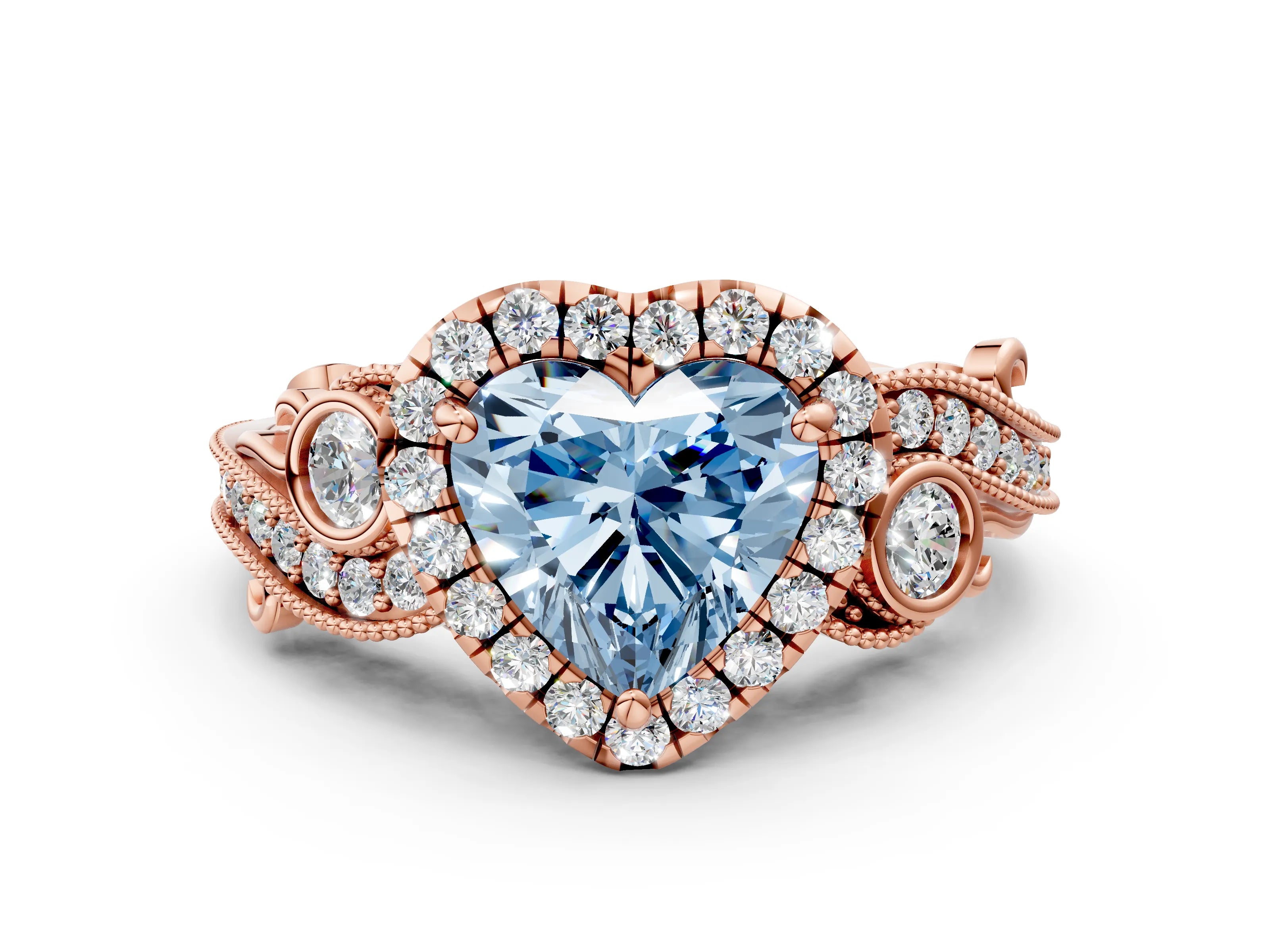 Rose gold Fancy Blue Heart Cut Halo Diamond Ring with Milgrain and Bezel Accents on a Split Shank Band