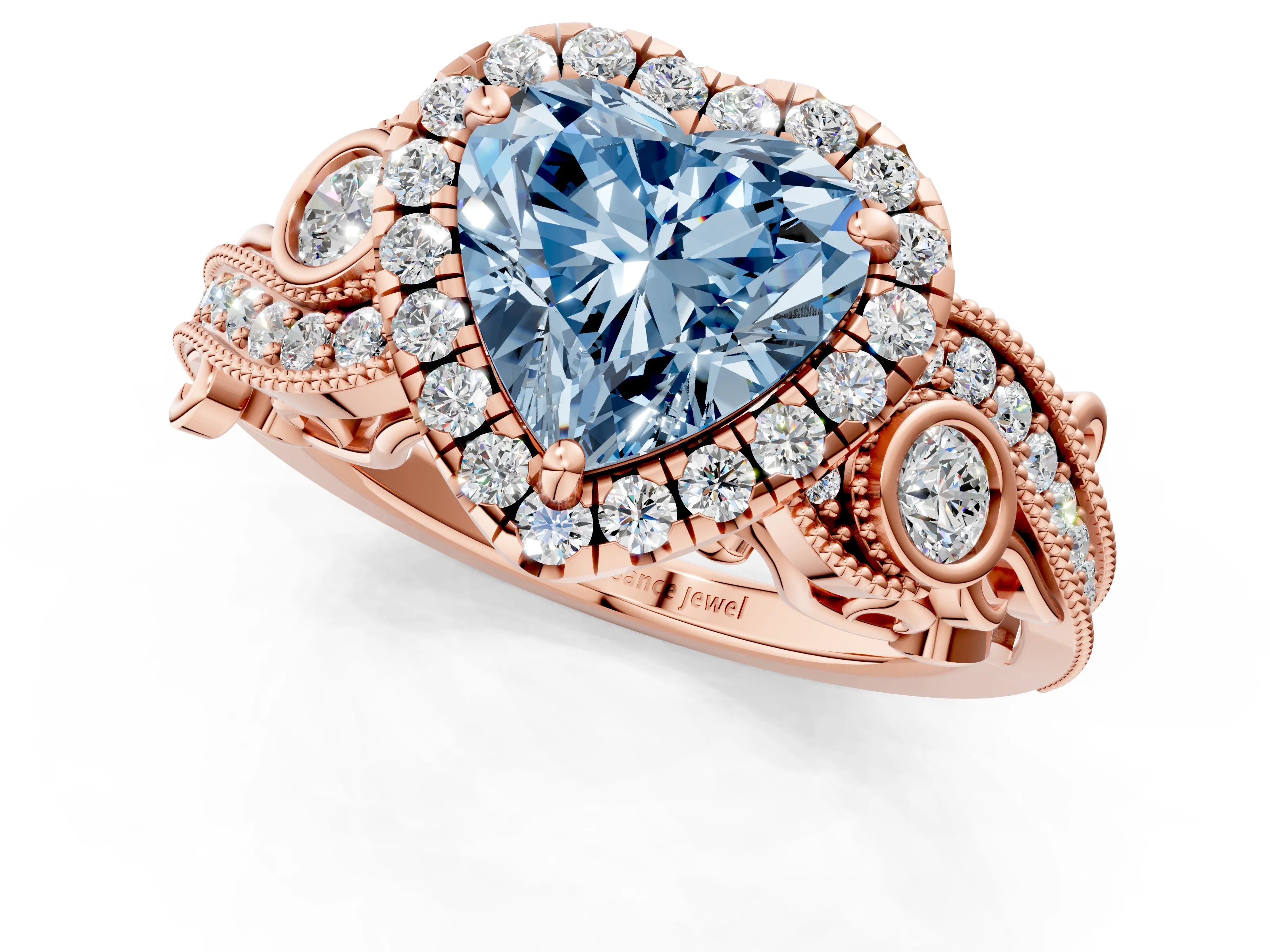 Rose gold Fancy Blue Heart Cut Halo Diamond Ring with Milgrain and Bezel Accents on a Split Shank Band_1