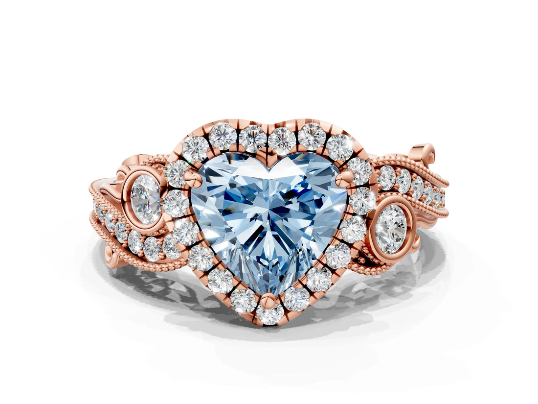 Rose gold Fancy Blue Heart Cut Halo Diamond Ring with Milgrain and Bezel Accents on a Split Shank Band_12