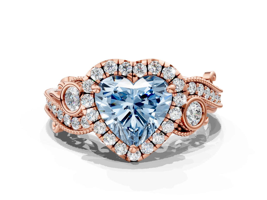 Rose gold Fancy Blue Heart Cut Halo Diamond Ring with Milgrain and Bezel Accents on a Split Shank Band_12