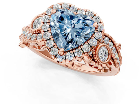 Rose gold Fancy Blue Heart Cut Halo Diamond Ring with Milgrain and Bezel Accents on a Split Shank Band_1