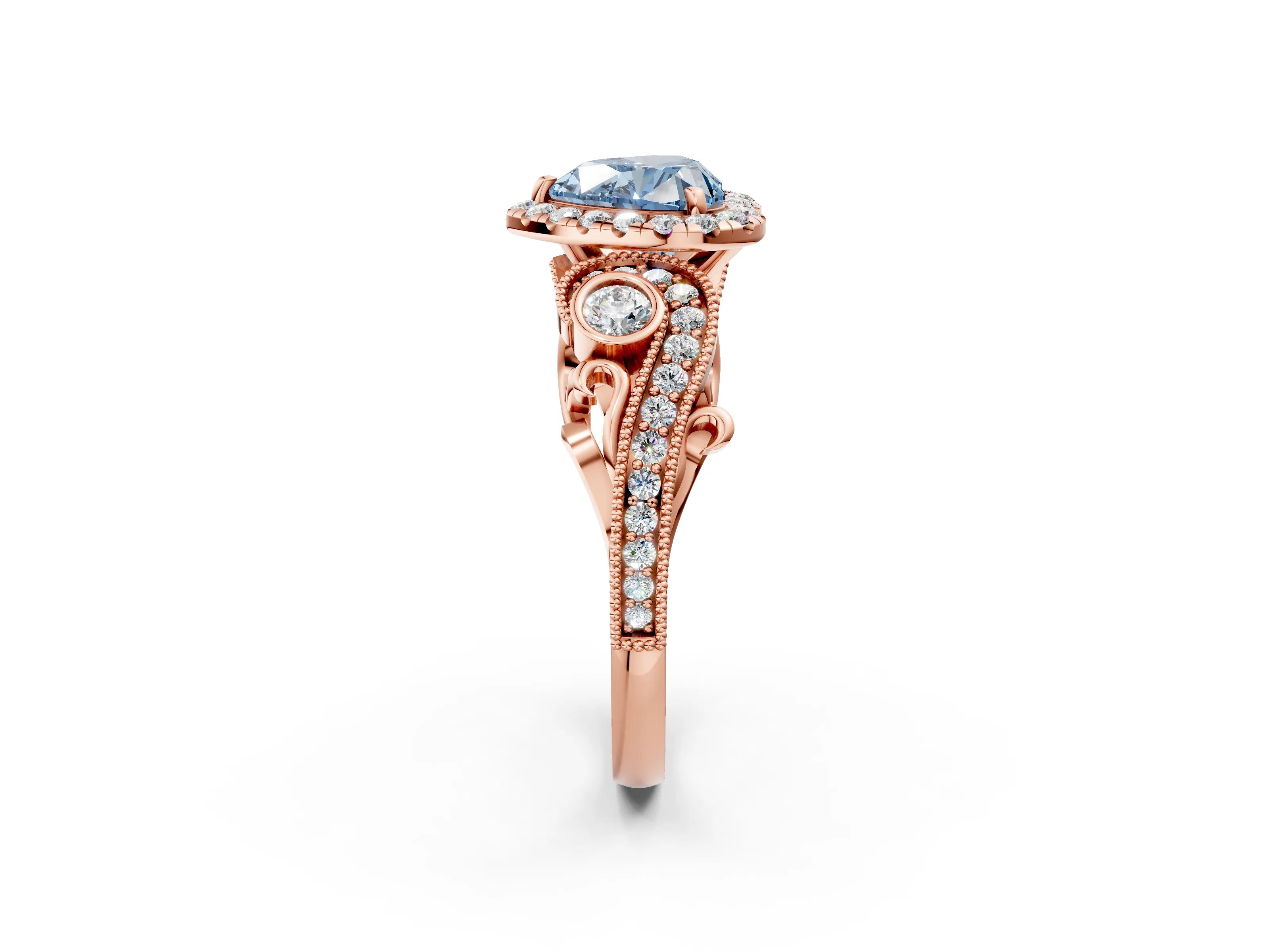 Rose gold Fancy Blue Heart Cut Halo Diamond Ring with Milgrain and Bezel Accents on a Split Shank Band_2