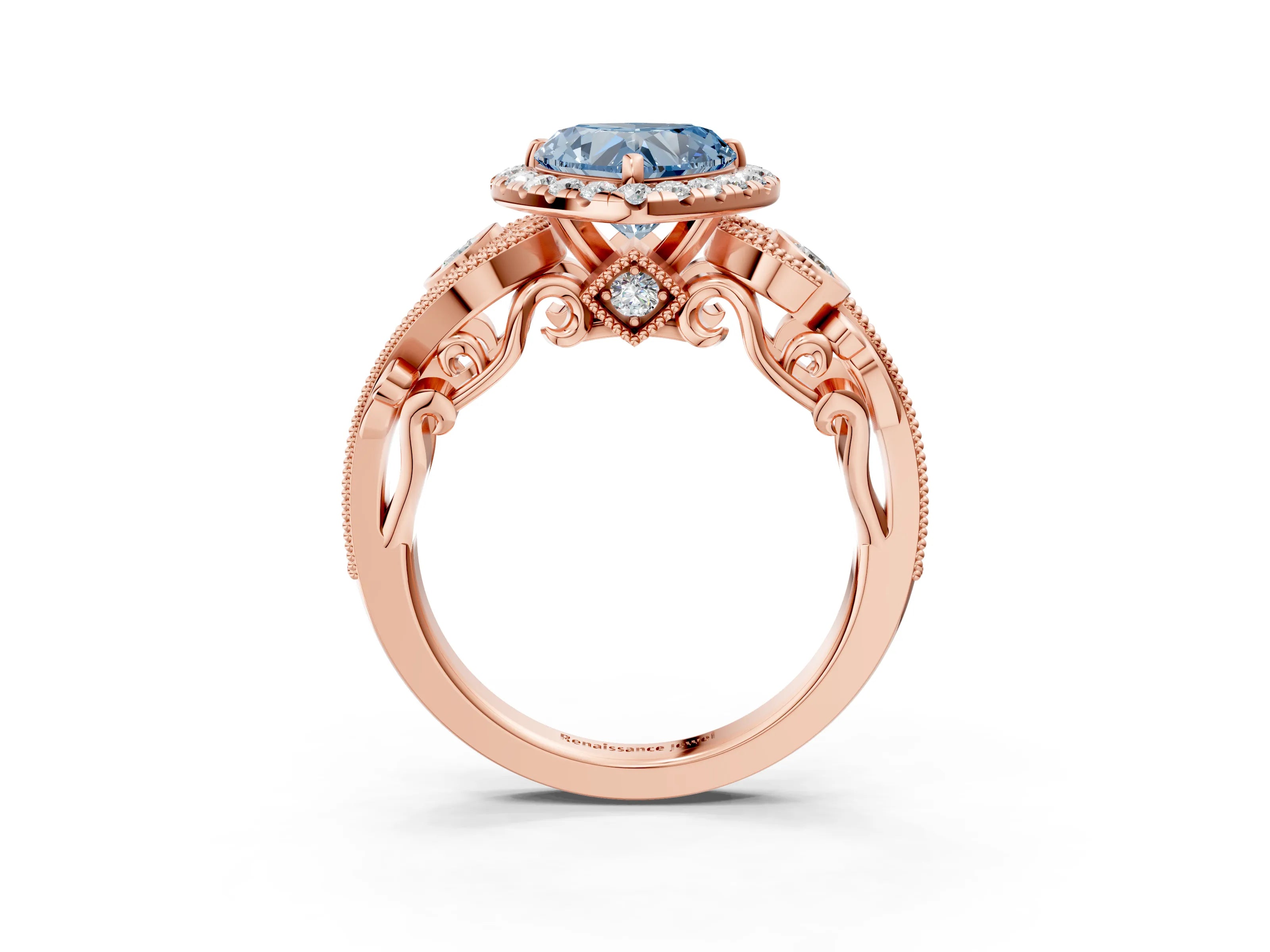 Rose gold Fancy Blue Heart Cut Halo Diamond Ring with Milgrain and Bezel Accents on a Split Shank Band_3
